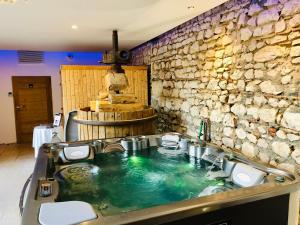 uma casa de banho com um lavatório e uma parede de pedra em Domaine de Suzel em Vignieu