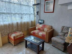 uma sala de estar com um sofá, uma cadeira e uma mesa em Hospedajes Tomas Wilson MX em Cidade do México