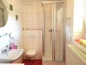 een badkamer met een douche, een toilet en een wastafel bij Haus BIENENHOAMAT in Nauders
