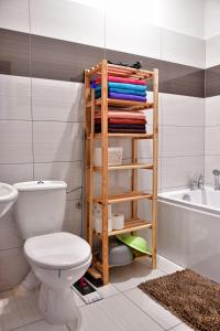 a bathroom with a toilet and a shelf with towels at Agroturystyka Trzy Siostry in Stronie Śląskie