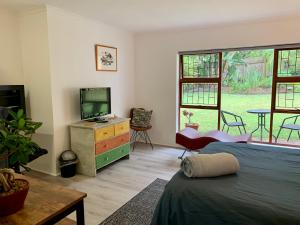 a bedroom with a bed and a television and a table at Kindred Spirit Guest Suites with solar power in Knysna