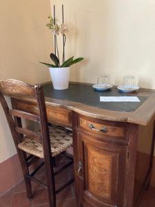 a wooden table with a potted plant on top of it at La Busca Country House in Monte Benedetto