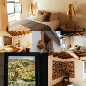 un collage de photos d'une chambre d'hôtel avec un lit dans l'établissement Azeite de Marvão, Olivoturismo casa Venda do Lagar, à Marvão
