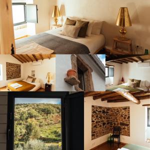 uma colagem de fotografias de um quarto de hotel com uma cama em Azeite de Marvão, Olivoturismo casa Venda do Lagar em Marvão