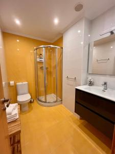 a bathroom with a shower and a sink and a toilet at La catedral en el salón con Parking incluido ATUAIRE in Burgos