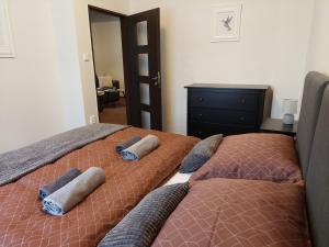 ein Schlafzimmer mit 2 Betten und Handtüchern darauf in der Unterkunft Apartmán 85 in Černý Důl