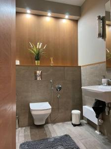 Jurmala Lux Apartments - Seaside في يورمالا: حمام مع مرحاض ومغسلة
