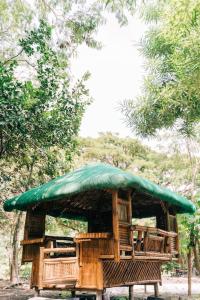 una cabaña con techo verde en un bosque en Family Fun Dome Glamping with Hotspring Pool (6 pax), en Lubo