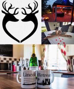 a collage of photos with a bottle of wine and a picture of a deer at Lincoln Holiday Retreat Lodge with Private Hot Tub in Lincoln