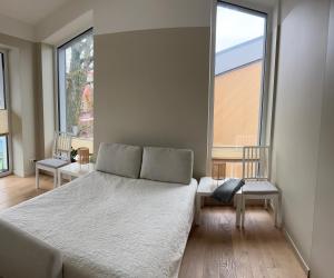 1 dormitorio con cama y ventana grande en Apartamentai Muziejaus g., en Birštonas