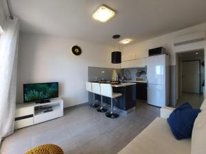 uma cozinha e sala de estar com um sofá e uma televisão em Comfortable family apt Iris 20m from beach in Mandre em Mandre