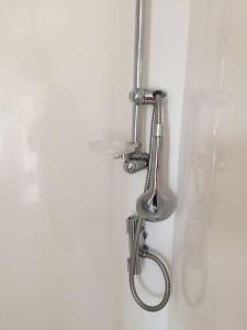 a shower with a shower head on a wall at Susie's Beautiful Caravan near the sea in Pwllheli