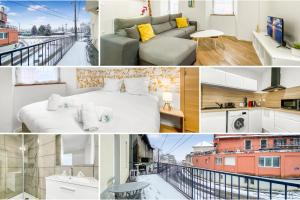 a collage of photos of a hotel room with a bed and a balcony at HOMEY FRIENDLY - Proche Gare - Terrasse privée - Wifi in La Roche-sur-Foron