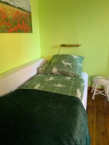 a bedroom with a bed with a green comforter at Vierseitenhof Hasenfelde - Kleine Auszeit - 1 Raum Studio in Steinhöfel