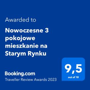 Certifikát, ocenenie alebo iný dokument vystavený v ubytovaní Nowoczesne 3 pokojowe mieszkanie na Starym Rynku