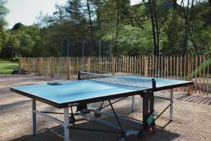 a ping pong table in front of a wooden fence at L'ancien Relais de Poste*** in Saint-Dier-dʼAuvergne