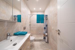 y baño con lavabo, aseo y ducha. en 1-bedroom penthouse with underground parking en Riga