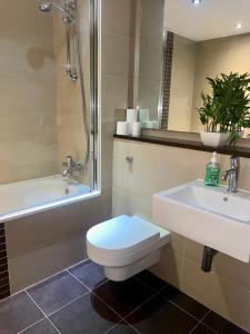 a bathroom with a toilet and a sink and a shower at XL Corner Apartment w Gym & Spa in Manchester