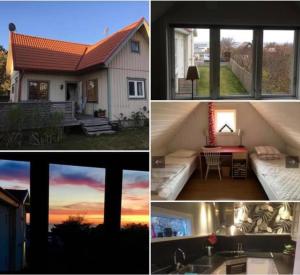 uma colagem de imagens de uma casa com um pôr-do-sol em Strandpensionatet em Skummeslövsstrand