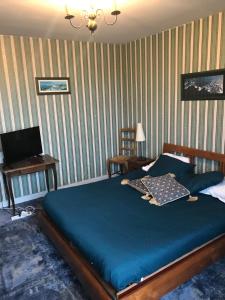 a bedroom with a bed and a desk and a television at Auberge Du Camfrout in Hôpital-Camfrout