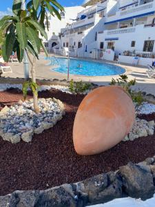 un grand rocher assis à côté d'une piscine dans l'établissement Los Cristianos port royal, à Los Cristianos