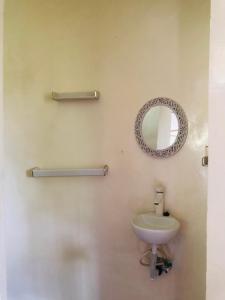 a bathroom with a sink and a mirror at The Dream Garden Bungalow in Kizimkazi