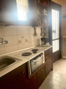 cocina con fogones y fregadero en Διαμέρισμα Αγγελική, en Makrinitsa