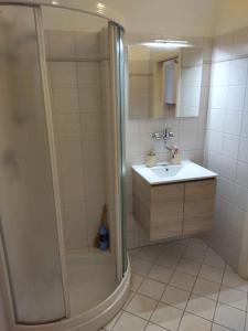 W łazience znajduje się prysznic i umywalka. w obiekcie Ampio monolocale nel cuore di Pesaro w mieście Pesaro