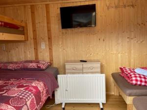 a bedroom with two beds and a tv on the wall at an der GEIERWAND in Haiming