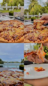 a group of four pictures of a pizza on a plate at The Hawk's Nest Resort in Sabang