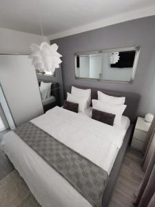a bedroom with a large white bed and a mirror at Apartman Dario in Čara