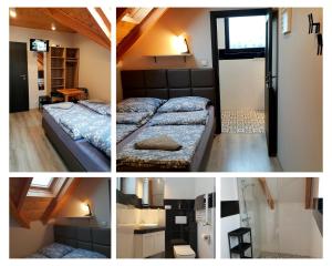 a collage of four pictures of a bedroom at Przystanek Letnisko in Komańcza