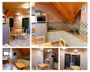 four pictures of a kitchen with a refrigerator and tables at Przystanek Letnisko in Komańcza