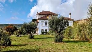 a large white house in a field with trees at Quinta das Latas in Coimbra
