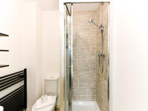 ein Bad mit einer Dusche und einem WC in der Unterkunft Pass the Keys Sleek 1 Bed Apartment w Parking in Cardiff