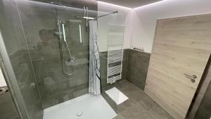 a bathroom with a shower and a person taking a picture at Ferienwohnung Eden in Mellrichstadt +9 photos