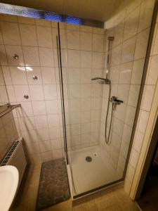 y baño con ducha y puerta de cristal. en Ferienwohnung Altes Künstleratelier Weimar en Weimar