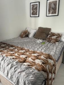 - un grand lit dans une chambre avec une couverture dans l'établissement Spacious one bedroom ft in Central London King’s Cross, à Londres