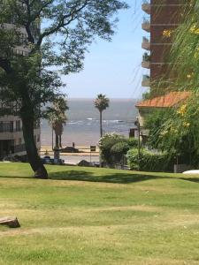 un parco con vista sulla spiaggia e sugli edifici di Parque Villa Biarritz a Montevideo