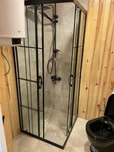 a glass shower in a bathroom with a toilet at Bear House Uludağ Bungalov in Hüseyinalan