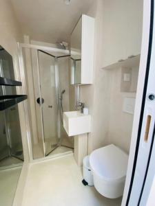 a small bathroom with a toilet and a shower at Warm 18m ideal for couple in Paris in Paris