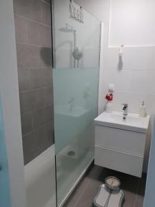 een badkamer met een douche en een wastafel bij Ferienwohnung in Aflenz Kurort in Aflenz Kurort