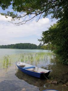 a blue boat sitting in the water on a lake at Tree&Water Apartament nad jeziorem Ublik in Ublik