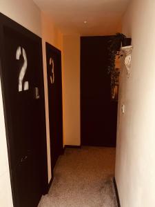 a hallway with two black doors and a plant at 'Woodbury' at stayBOOM in Lancaster