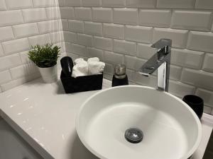 un lavandino bianco in bagno con una pianta di City Nest Eger a Eger