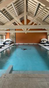 une grande piscine avec un plafond en bois dans l'établissement Hôtel Restaurant Le Régal, à Saint-Dié-des-Vosges