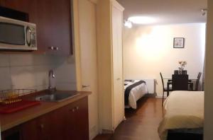 uma cozinha com um lavatório e uma cama num quarto em VIP Apartments Chile em Santiago