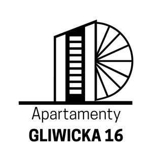 un logo noir et blanc pour un immeuble d'appartements et une tranche d'orange dans l'établissement GLIWICKA 16, à Katowice