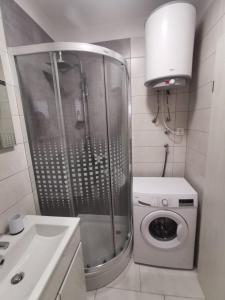 a bathroom with a shower and a washing machine at Holiday House Rasopasno in Rasopasno