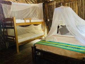 a bedroom with two bunk beds with mosquito nets at Finca Escondida in Palomino